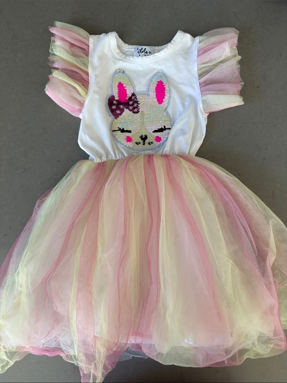 Sequin Bunny Tulle Dress in White, Pink & Pale Yellow LOLA + THE BOYS girls 6